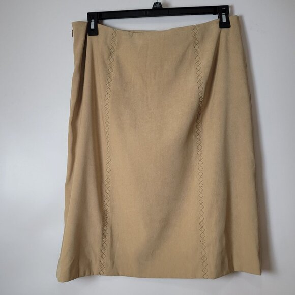 Talbots Faux Suede Beige Stretch Skirt With Subtle Embroidered Detail Side Slit - Picture 5 of 10